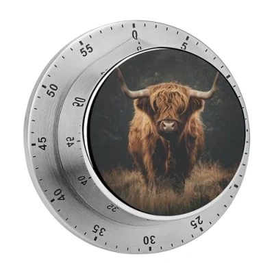 Image of Highland Cow Kitchen Timer Stainless Steel 60 Minute Countdown for Cooking Fitness Baking Studying