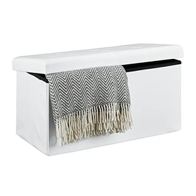 Image of Relaxdays Ottoman Folding Seat and Storage Bench with Removable Lid, Fabric, White, 38 x 76 cm