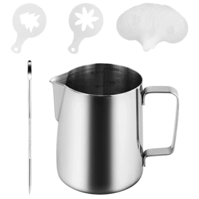 Image of 350ml/12oz Metal Milk Frother Jug with Latte Art Pen &amp; 16 Plastic Coffee Stencils, 304 Stainless Steel Steaming Includes Interior Measurement Lines, Frothing Pitcher for Espresso Machine