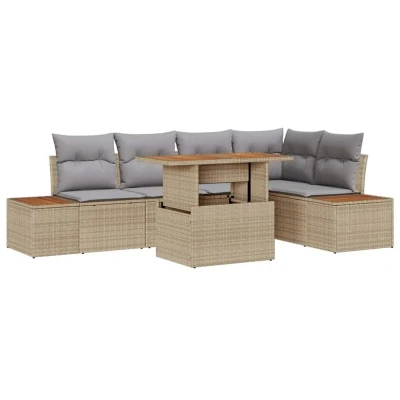 Image of vidaXL 6 Piece Garden Dining Set with Cushions Beige Poly Rattan Acacia