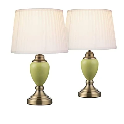 Image of Lighting Supermarket Pair of Malham Small Touch Control Table Lamps with Ivory Pleated Shades Green &amp; Antique Brass
