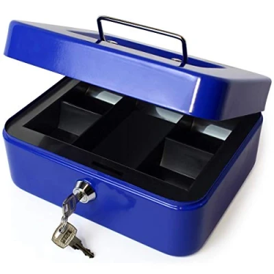 Image of iGadgitz Home U7172 Petty Cash Box with Keys and Coin Tray, Tin, Money Tin Blue 8&quot; (20cm)