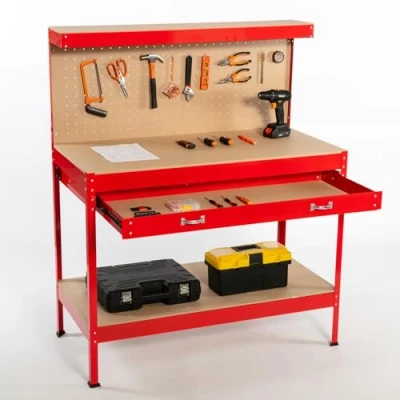 Image of SwitZer New Red Steel Garage Tool Box Toolbox Work Bench Workbench Storage With Drawers Pegboard and 12 Pegs Shelf DIY Workshop Station