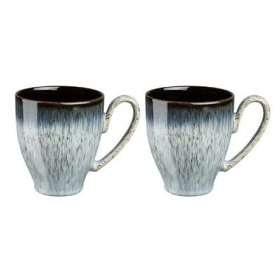 Image of Denby Halo Large Coffee Mug Set of 2 420ml Reactive Glaze Stoneware Ceramic Tea Dishwasher Safe, Microwave Safe Black, Grey, White Chip Resistant