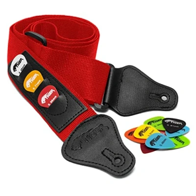 Image of TIGER STPK2 RD Nylon Guitar Strap with Pack of 12 Free Picks Red