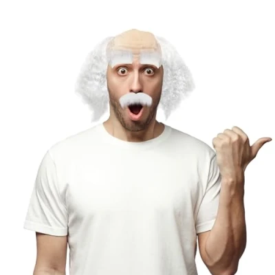 Image of XNIVUIS 3Pcs Grandpa Wig Set Costume with Mustache Eyebrows Old Man White Curly Bald Scientist Crazy Professor Fancy Dress for Halloween Carnival Party (White)
