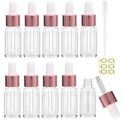 Image of Alledomain 10Pcs, 10Ml Clear Glass Bottles with Dropper Pipettes, Mini Empty Rose Gold Metal Cap Refillable Sample Container for Essential Oil/Aromatherapy Blends/Chemical Liquid