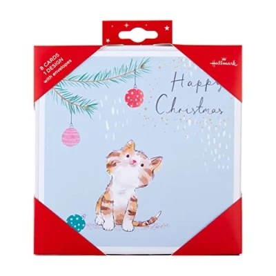 Image of Hallmark Christmas Cards, Contemporary Festive Cat Design, Pack of 8, 25572283, Cute Card