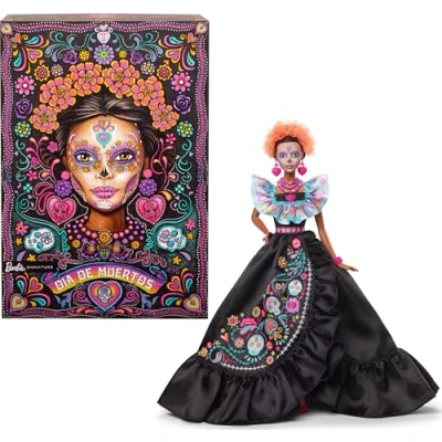Image of Barbie Signature Doll, 2024 Día De Muertos Collectible in Black Dress with Blue Ruffle Top, Embroidered Print, and Colorful Accessories, HRM72