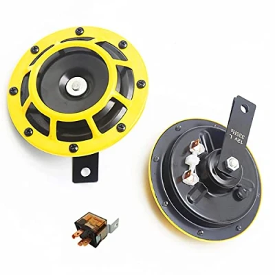 Image of YIYDA Electric Car Horn 135DB Loud High and Low Tone Twin Disc Horns Weather Resistant with Yellow Protective Grill Bracket for any 12V Truck SUV Motorcycle ect
