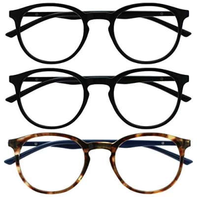 Image of OPULIZE Met Reading Glasses with Blue Light Blocking 3 Pack Slim Round Frame Scratch Resistant Spring Hinges Improve Sleep Computer Gaming Anti Reflective Black Brown Mens Womens BBB60 112 +2.00