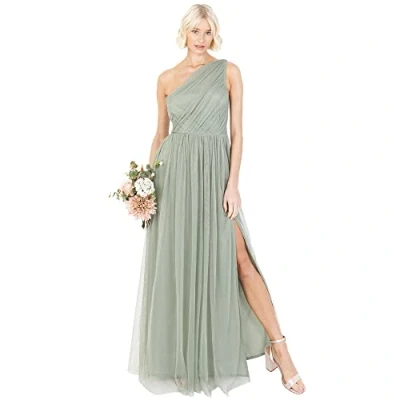 Image of Womens Ladies Maxi One Cold Shoulder Dress with Slit Split Sleeveless Prom Wedding Guest Bridesmaid Ball Evening Gown Frosty Green Size 28
