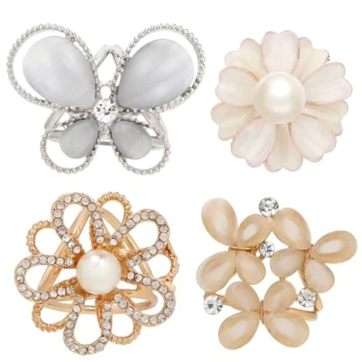 Image of kilofly 4pc Women&#039;s Elegant Faux Pearl Crystal Rhinestone Scarf Ring Buckle Clip
