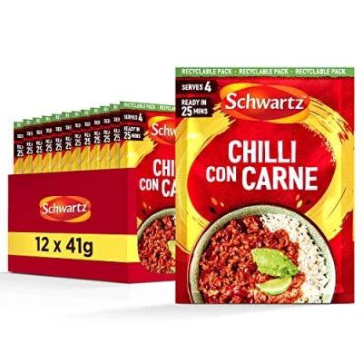 Image of Schwartz Chilli Con Carne Recipe Mix 41 G Serves 4 Pack of 12 Hot &amp; Spicy Rich Mexican Flavour With Fiery Chillies, Earthy Cumin, Dried Garlic and Onion Powder