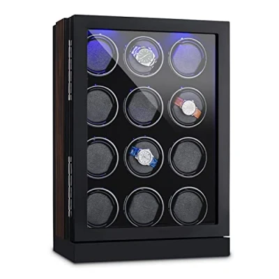 Image of KLARSTEIN Klagenfurt Watch Winder Fits 12 Watches, Right Left Running, LED, Touch Display, Pure Handmade, Elegant Showcase, Secure Positioning via Non Slip Feet, Wooden/Black