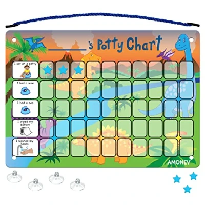 Image of Amonev Children&#039;s Magnetic Potty Training Reward Chart. Sticker Reusable Wall Chart for Toilet Training. Suction cups tiles or glass (Dinosaur)