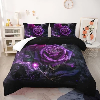 Image of Coverless Duvet Black Rose Purple King Size Microfiber Bedspreads Lightweight Quilted All Seasons Comforter Washable+2 Pillowcases(50x75cm) 240x220cm