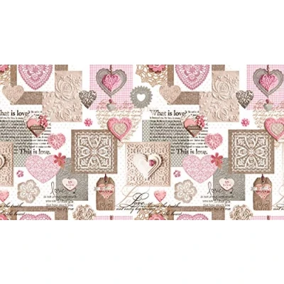 Image of linen702 Vinyl Pvc Tablecloth 2 metres (200 x 137 cm) Hearts in Pink and Grey. to fit up a 6 Seater Size Rectangle table, Wipe Clean, Textile Backed Plastic Table Cloth (248)