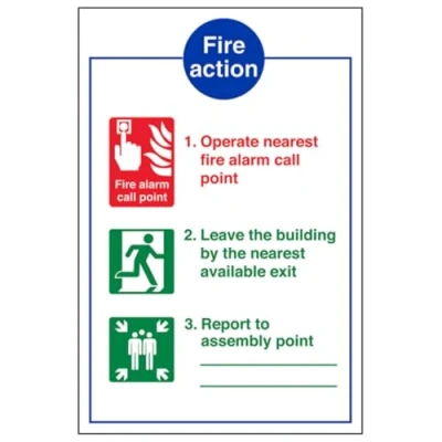 Image of V Safety Fire Action/Operate Nearest Alarm Action Notice Sign 150mm x 200mm Self Adhesive Vinyl