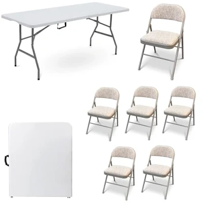 Image of Crystals White Folding Table with Deluxe Fabric Padded Metal Chairs Camping Chair &amp; Set, Outdoor, Dining, Trestle, Portable Furniture (5ft 6 Chairs)