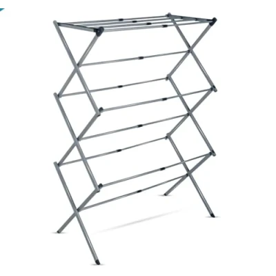 Image of KAV 3 Tier Silver 48 to 73 CM Expandable Clothes Airer Indoor Outdoor Dryer Lightweight Metal Portable Drying Rack with 7.5m Washing Line Space, Foldable and Compact 10KG Hold Capicity
