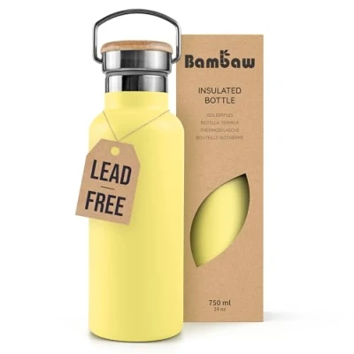 Image of Bambaw Insulated Water Bottle 750ml, Yellow Bottle, Stainless Steel Leakproof Metal Easy Clean Double Walled Beam