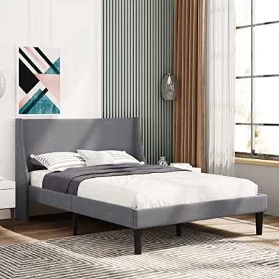 Image of ModernLuxe Double Bed Frame 4FT6 Soft Linen Upholstered Platform with Winged Headboard, Wood Slat Support Bedroom Furniture For Adults, Kids, Teenagers Grey (135 * 190cm)