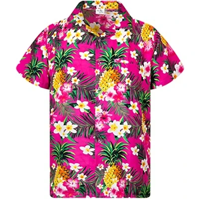 Image of King Kameha Funky Hawaiian Shirt Kids Boys, Shortsleeve, Print Pineapple Flowers, Pink, 10