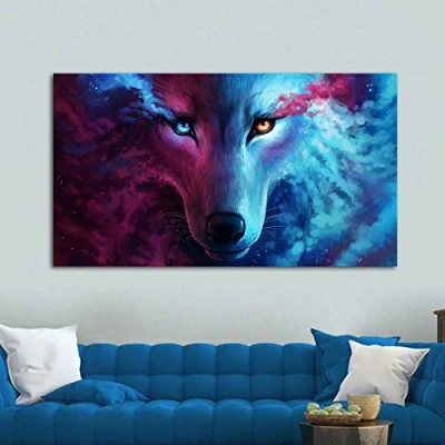 Image of HERWS Big Poster Canvas Art Abstract Wolf In Galaxy Clouds Animal Pictures Wall For Living Room Ative Painting Home Bedroom Kitchen Decoration