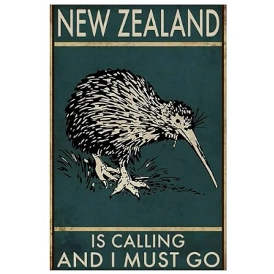 Image of New Zealand is Calling and I Must Go Vintage Retro Kiwis Bird Decor Poster Wall Art Metal Sign 8X12 Inches