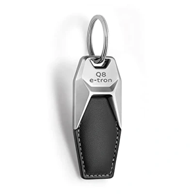 Image of Audi 3182300100 Key Fob Metal/Leather Pendant Ring with Q8 e tron Engraving, Silver/Black, silver, standard size, Modern