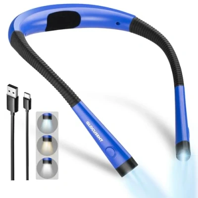Image of Glocusent LED Neck Reading Light, Book Light for in Bed, 3 Colors, 6 Brightness Levels, Bendable Arms, Rechargeable, Long Lasting, Perfect Reading, Knitting, Camping, Repairing