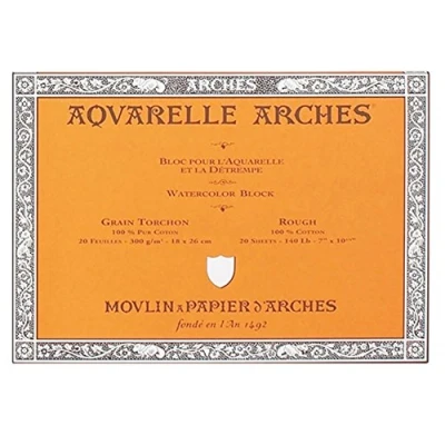 Image of ARCHES 18 x 26 cm 300 GSM Rough Grain Glued on 4 Sides Block Watercolour Paper Natural White (Pack of 20 Sheets)