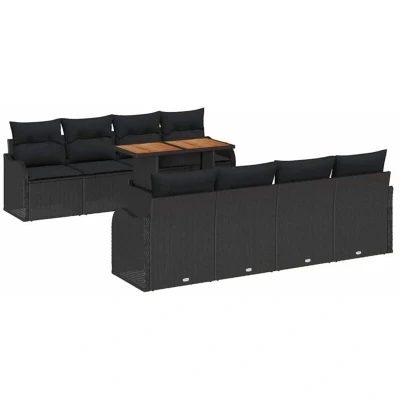 Image of vidaXL 9 Piece Garden Sofa Set with Cushions Black Poly Rattan