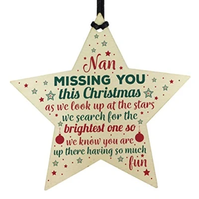 Image of RED OCEAN Nan Memorial Wooden Memory Star Christmas Tree Decoration Bauble Remembrance Gift