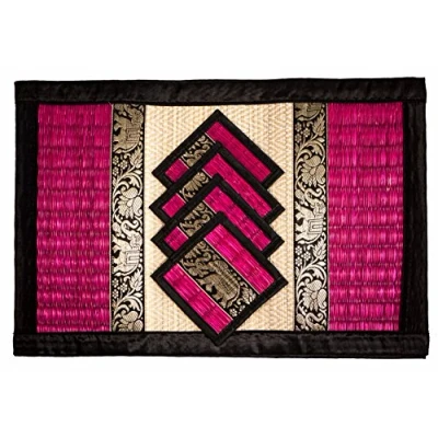 Image of Hand Woven Wicker Reed Placemats and Coaster Set Alternative to Plastic Heat Resistant Thai Style Durable Clean Perfect for Dining Table Décor of 4 (Large Pink)