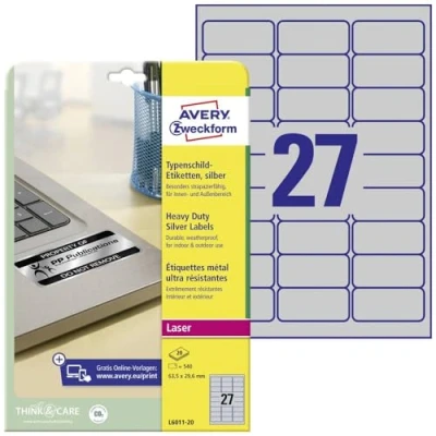Image of Avery Zweckform L6011 20 Heavy Duty Labels 63.5 x 29.6 mm Weather Resistant Sheets / 540 Silver