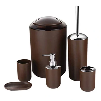 Image of MisFox 6 Pieces Bathroom Accessory Set, Modern Stylish Design Solid Color Toilet Accessories Set Include Lotion Dispenser, Trash Can, Toothbrush Holder, Tooth Mug, Brush &amp; Soap Dish Coffee