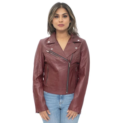 Image of Ladies Leather Jacket Classic Biker Style Burgundy Real Womens S