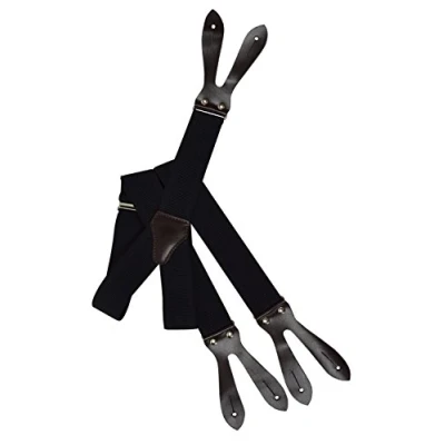 Image of Olata Button Down Formal Dress Suspenders/Braces with Dark Brown Leather, 3.5cm Black