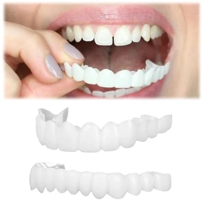 Image of Flipped Warmth 2 Pairs Dentures False Teeth, Fake Teeth Veneers Top And Bottom Clip on Cosmetic Denture Cover Snap for Men Women