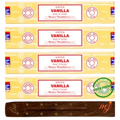 Image of Original Satya Nag Champa Vanilla incense sticks with M&amp;J holder x4 pack for Aromatherapy, Spa, Yoga, Weddings, Meditation, Healing, Positivity and Relaxation