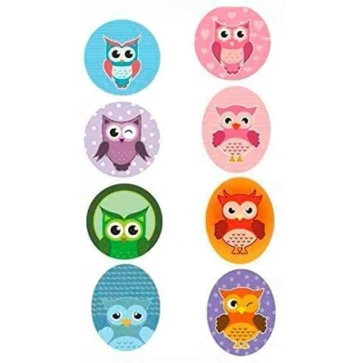Image of 8 Screen Printed Children&#039;s Knee Patches for Ironing on Clothes. Thermo Adhesive Applications Repairing and Decorating Trousers, Jackets, Jumpers, Backpacks, etc. (Owls)
