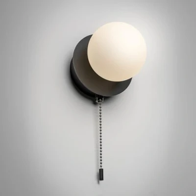 Image of CGC Lighting USB Rechargeable Battery Magnetic Wireless Wall Light Opal Glass Diffuser Decorative Pull Cord (Black Macie)