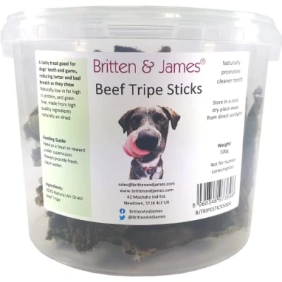 Image of Britten &amp; James Beef Tripe Sticks Treats for Dogs (500g tub). A completely natural product with no additives. Reduces tartar and bad breath. Good teeth gums