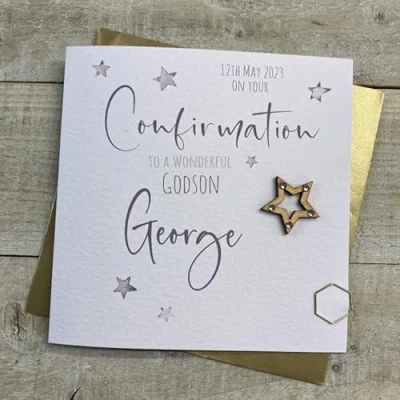 Image of WHITE COTTON CARDS PERSONALISED CONFIRMATION CARD. GODSON. ANY RELATION. SILVER WOODEN STAR DESIGN. Handmade (P22 68 GODS &amp; XP22 GODS)