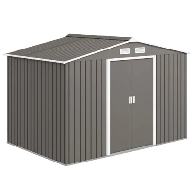 Image of Outsunny 9 x 6ft Metal Garden Shed, Outdoor Storage Tool House with Ventilation Slots, Foundation Kit and Lockable Double Doors, Grey