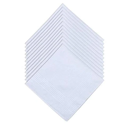 Image of DUDU N GIRLIE Mens White Handkerchiefs Quality Cotton Gents Hankies 12 Pack of Mans Handkerchieves Satin Border 100% Soft Pocket Hanks