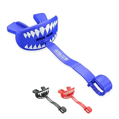 Image of SafeJawz Sports Lip Guard, Football Mouth Guard with Connected Strap, Adults and Junior Breathable Pacifier Protector, American Football, Lacrosse (Shark)