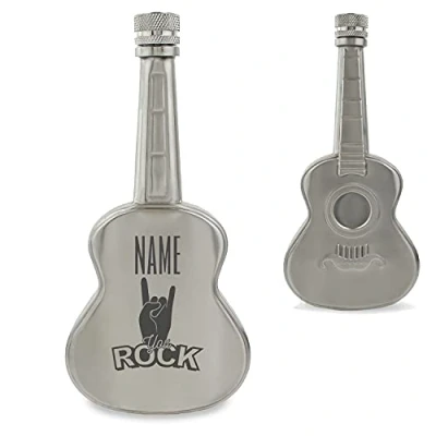 Image of Personalised Engraved Silver 5oz Guitar Hip Flask with You Rock Design, Personalise Any Name